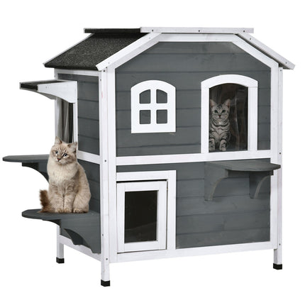 PAWROOM - Kissatalo Asfalttikatolla Säänkestävä Ulkokissatalo Portailla, 2 Tasoa, Kuusipuuta, Harmaa, 78X55,5X91Cm