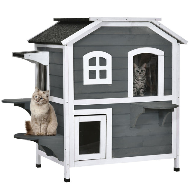 PAWROOM - Kissatalo Asfalttikatolla Säänkestävä Ulkokissatalo Portailla, 2 Tasoa, Kuusipuuta, Harmaa, 78X55,5X91Cm