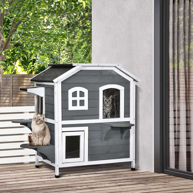 PAWROOM - Kissatalo Asfalttikatolla Säänkestävä Ulkokissatalo Portailla, 2 Tasoa, Kuusipuuta, Harmaa, 78X55,5X91Cm