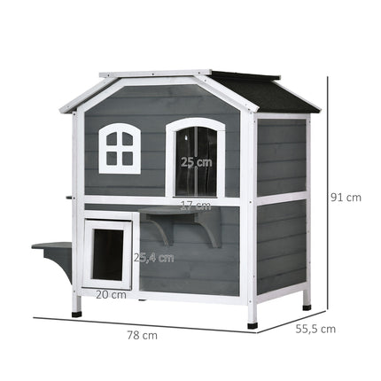 PAWROOM - Kissatalo Asfalttikatolla Säänkestävä Ulkokissatalo Portailla, 2 Tasoa, Kuusipuuta, Harmaa, 78X55,5X91Cm
