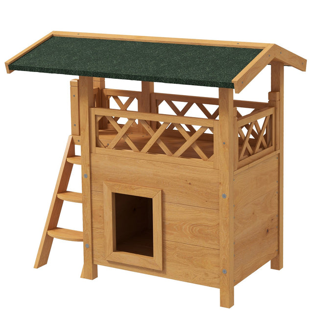 PAWROOM - 2-Kerroksinen Kissatalo Asfalttikatolla Ja Parvekkeella, Massiivipuuinen Kissahuvila Portailla, Luonnonmukainen, 77X50X73Cm