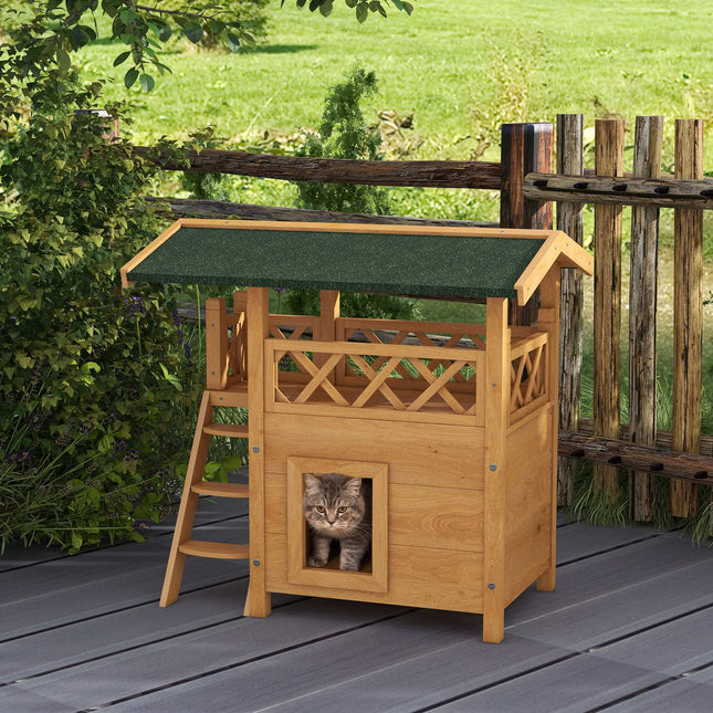 PAWROOM - 2-Kerroksinen Kissatalo Asfalttikatolla Ja Parvekkeella, Massiivipuuinen Kissahuvila Portailla, Luonnonmukainen, 77X50X73Cm