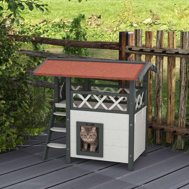 PAWROOM - Kissatalo Asfalttikatolla, 2-Kerroksinen Kissatalo Parvekkeella, Kissahuvila Portailla, Massiivipuu, Valkoinen, 77 X 50 X 73 Cm