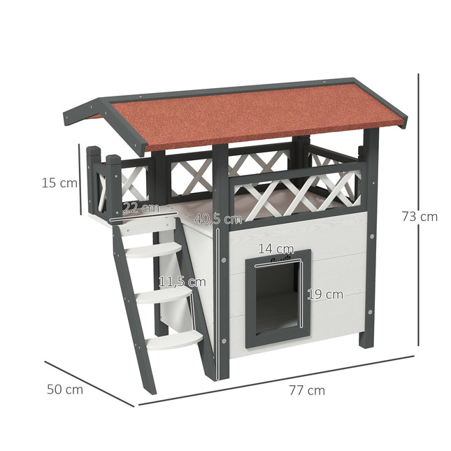 PAWROOM - Kissatalo Asfalttikatolla, 2-Kerroksinen Kissatalo Parvekkeella, Kissahuvila Portailla, Massiivipuu, Valkoinen, 77 X 50 X 73 Cm