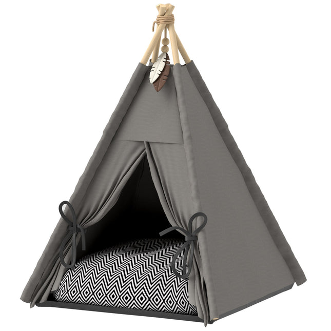 PAWROOM - Tipi-teltta lemmikeille, kissateltta irrotettavilla ja pestävällä pehmusteella, kissantalo liukumattomalla pohjalla, leikkipallo, kissoille alle 5kg, minikoirat, 60 x 60 x 76 cm, harmaa