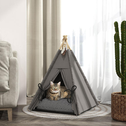 PAWROOM - Tipi-teltta lemmikeille, kissateltta irrotettavilla ja pestävällä pehmusteella, kissantalo liukumattomalla pohjalla, leikkipallo, kissoille alle 5kg, minikoirat, 60 x 60 x 76 cm, harmaa