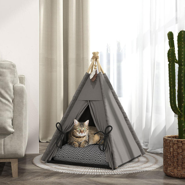 PAWROOM - Tipi-teltta lemmikeille, kissateltta irrotettavilla ja pestävällä pehmusteella, kissantalo liukumattomalla pohjalla, leikkipallo, kissoille alle 5kg, minikoirat, 60 x 60 x 76 cm, harmaa