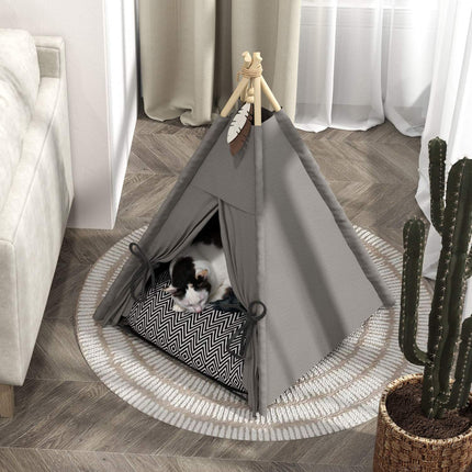 PAWROOM - Tipi-teltta lemmikeille, kissateltta irrotettavilla ja pestävällä pehmusteella, kissantalo liukumattomalla pohjalla, leikkipallo, kissoille alle 5kg, minikoirat, 60 x 60 x 76 cm, harmaa