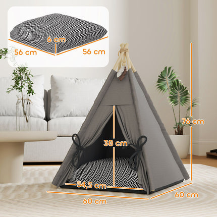 PAWROOM - Tipi-teltta lemmikeille, kissateltta irrotettavilla ja pestävällä pehmusteella, kissantalo liukumattomalla pohjalla, leikkipallo, kissoille alle 5kg, minikoirat, 60 x 60 x 76 cm, harmaa