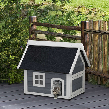 PAWROOM - Wooden cat house, weatherproof, hinged roof, gray