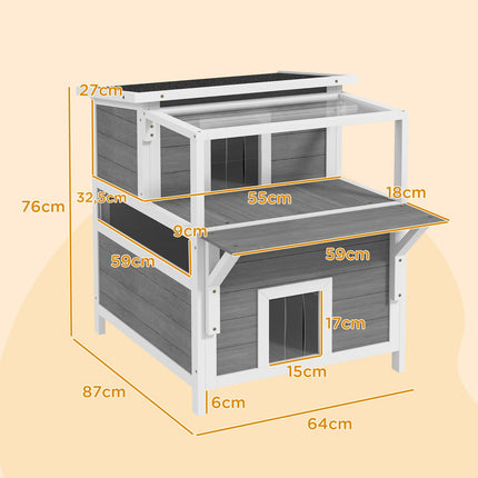 PAWROOM - Outdoor Spruce Wood Cat House with Balcony, 64 x 87 x 76 cm
