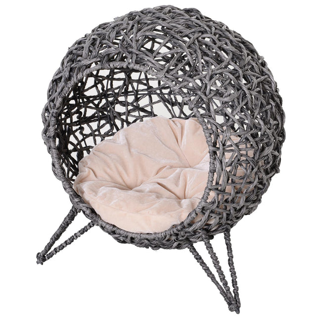 PAWROOM - Rattan Cat House Tyylikäs Kissaluola Tyynyillä, Korotetut Jalat, Hopeanharmaa, Ø52X58Cm
