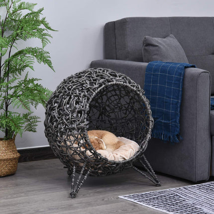PAWROOM - Rattan cage with cushions, raised, silver gray 52x58 cm