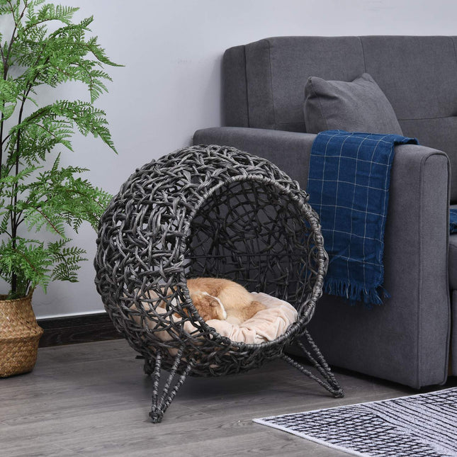PAWROOM - Rattan Cat House Tyylikäs Kissaluola Tyynyillä, Korotetut Jalat, Hopeanharmaa, Ø52X58Cm