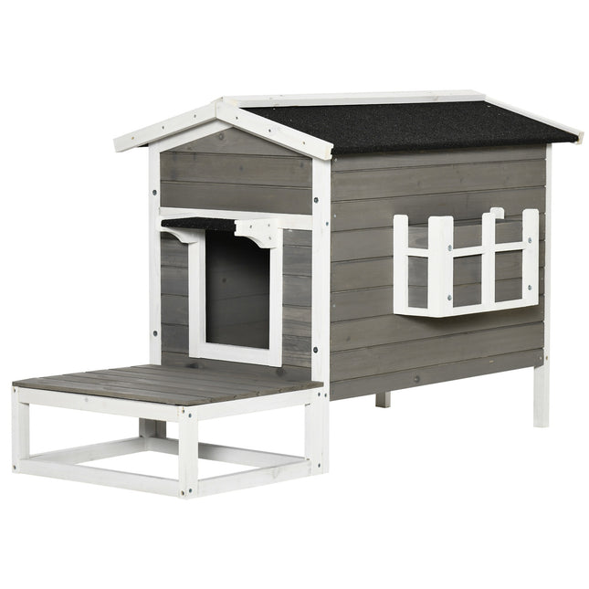 PAWROOM - Cat House Kissa Tupa Kissaluola Pieni Eläintalo Terassilla Ja Parvekkeella Kissoille Koirille Kuusipuu Harmaa + Valkoinen 115 X 66,5 X 74,7 Cm