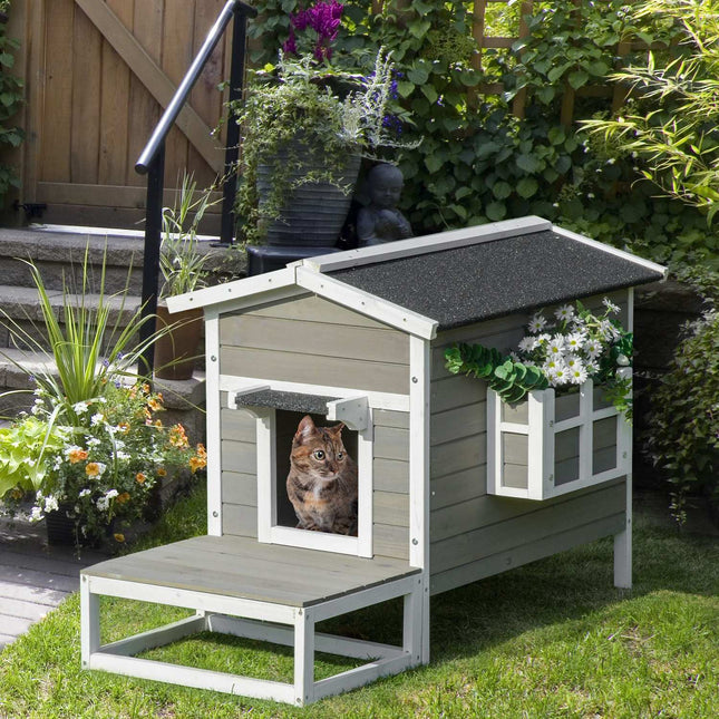 PAWROOM - Cat House Kissa Tupa Kissaluola Pieni Eläintalo Terassilla Ja Parvekkeella Kissoille Koirille Kuusipuu Harmaa + Valkoinen 115 X 66,5 X 74,7 Cm