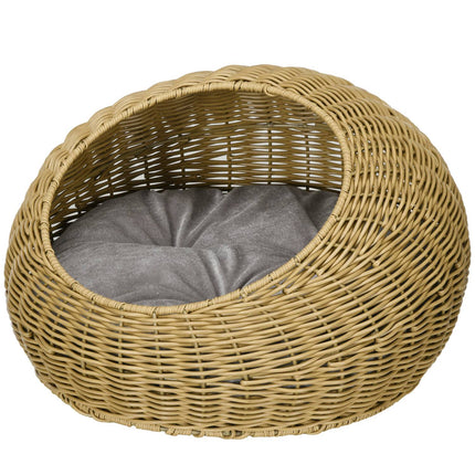 PAWROOM - Rottinkissakori, kissantalo, tyynyllä kissantalo kissoille enintään 4 kg, lemmikkisänky, kissaluola, sisätiloissa, PE-rottinki, Ø50 x 31 cm, vaaleanruskea