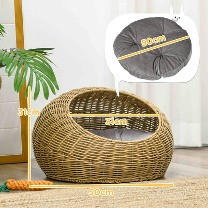 PAWROOM - Rottinkissakori, kissantalo, tyynyllä kissantalo kissoille enintään 4 kg, lemmikkisänky, kissaluola, sisätiloissa, PE-rottinki, Ø50 x 31 cm, vaaleanruskea