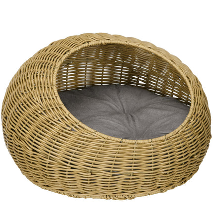 PAWROOM - Rottinkissakori, kissantalo, tyynyllä kissantalo kissoille enintään 4 kg, lemmikkisänky, kissaluola, sisätiloissa, PE-rottinki, Ø50 x 31 cm, vaaleanruskea