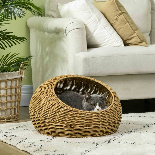 PAWROOM - Rottinkissakori, kissantalo, tyynyllä kissantalo kissoille enintään 4 kg, lemmikkisänky, kissaluola, sisätiloissa, PE-rottinki, Ø50 x 31 cm, vaaleanruskea