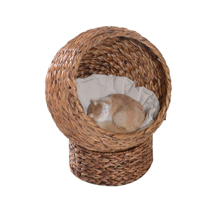 PAWROOM - Rattan Cat Cave Kissanpeti Pehmusteella, Vesihyasintti Lemmikin Sänky, Vaaleanruskea, 50X42X60Cm