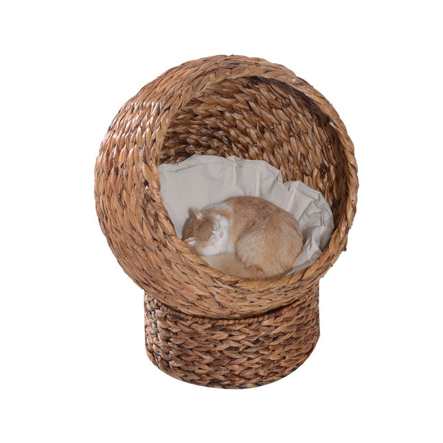 PAWROOM - Rattan Cat Cave Kissanpeti Pehmusteella, Vesihyasintti Lemmikin Sänky, Vaaleanruskea, 50X42X60Cm