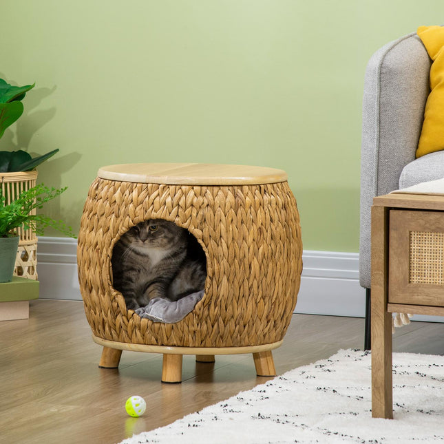 PAWROOM - Rattan Cat Cave 2-In-1 Design Kissan Kori Pehmusteella Lemmikkipeitteellä Vesi Hyasintti Ruoho Paulownia Puu Vaaleanruskea + Harmaa 44 X 43 X 42 Cm