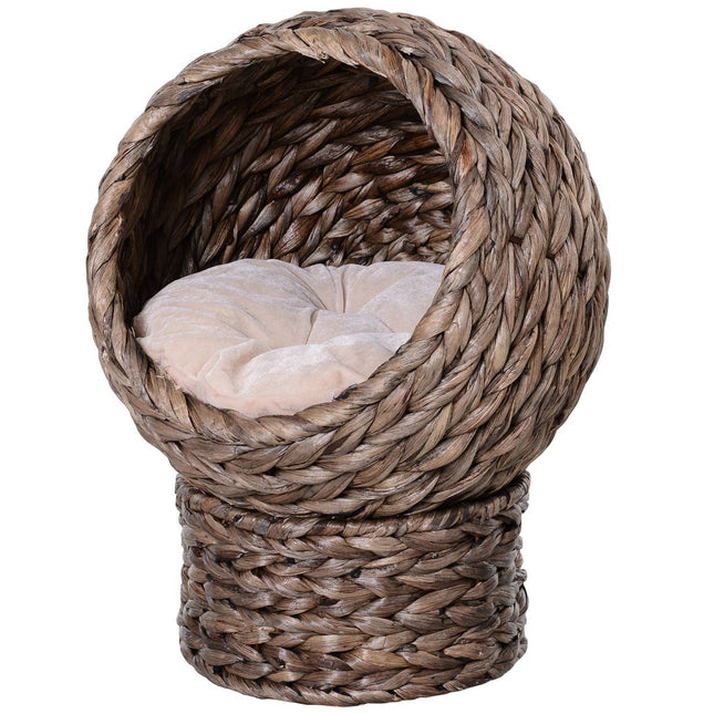 PAWROOM - Rattan Cat Basket Cozy Cat Cave Pehmusteella, Lemmikkisänky Vesihyasintista, Tummanruskea, 42X33X52Cm
