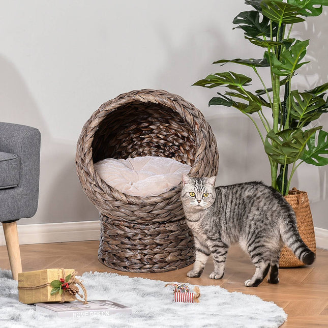 PAWROOM - Rattan Cat Basket Cozy Cat Cave Pehmusteella, Lemmikkisänky Vesihyasintista, Tummanruskea, 42X33X52Cm