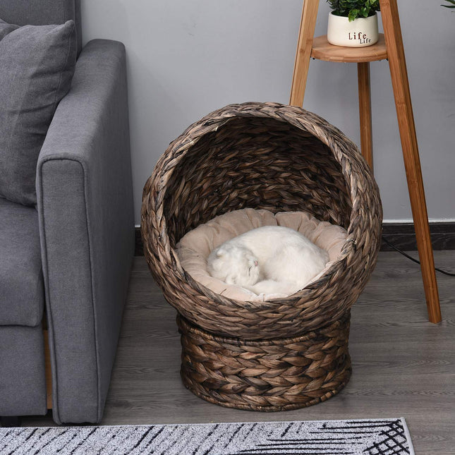 PAWROOM - Rattan Cat Basket Cozy Cat Cave Vesihyasintista, Tummanruskea, Ihanteellinen Olohuoneeseen, 50X42X60Cm