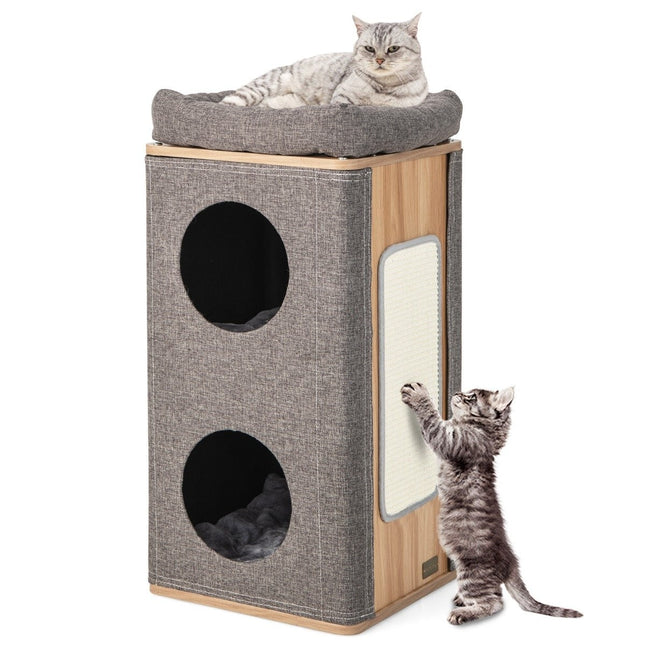 PAWROOM - 3-tier cat cave with scratching board & 3 mats play barrel for cats up to 20 kg gray + natural