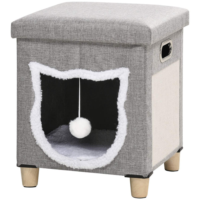 PAWROOM - Cat Cave Ottomaani Tyynyllä Ja Raapimismatolla Play Ball Liukumaton Harmaa Polyesteri Kissoille