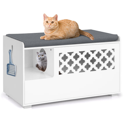 PAWROOM - Cat Litter Box Enclosure Bench With Cushion, Front Door, White
