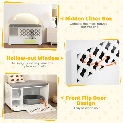 PAWROOM - Cat Litter Box Enclosure Bench With Cushion, Front Door, White