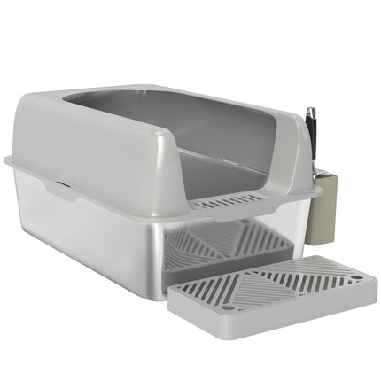 PAWROOM - Kissanhiekkalaatikko kannella, kissanhiekkalaatikko kauhalla, ruostumaton teräsallas, kissan wc-talo säilytyslaatikolla alle 4,5 kg kissoille, sisätiloissa, vaaleanharmaa Aosom