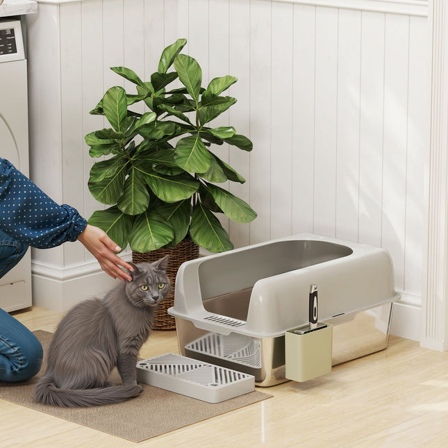 PAWROOM - Cat box with lid & scoop, stainless steel, light grey