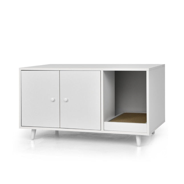 PAWROOM - 2 in 1 sivupöytä ja kissan kaappi raaputuslaudalla Kissanhiekkalaatikko 90 x 50 x 50 cm sohvapöytä valkoinen