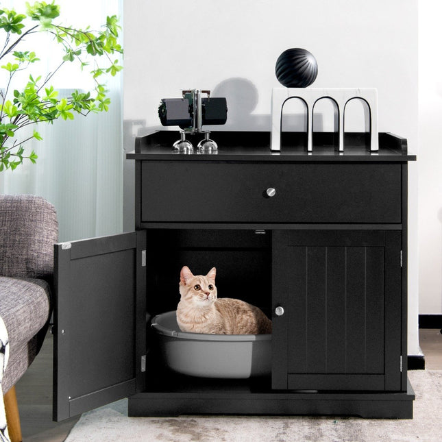 PAWROOM - Kissan talo laatikolla ja 2 ovella 3-in-1 kissan talo kissanhiekkalaatikon sivupöytä musta