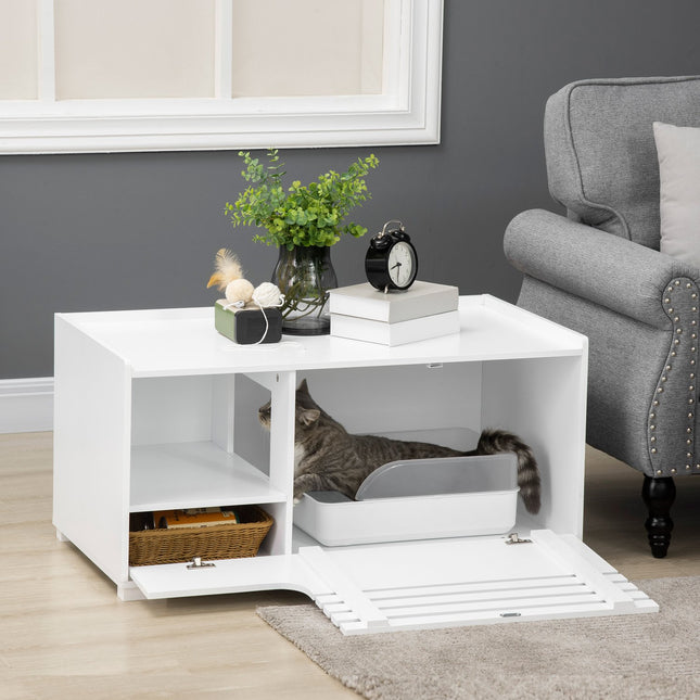 PAWROOM - Cat Kaappi Kissanhiekkalaatikkoon Cat House Magneettiovella, Sivupöytäsuunnittelu, Mdf, Valkoinen