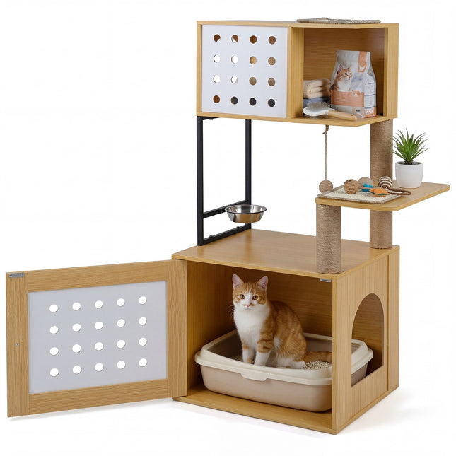 PAWROOM - Kissan kiipeilypuu piilotetulla hiekkalaatikolla ja ruokakupilla, 117,5 cm
