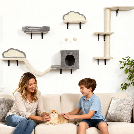 PAWROOM - Seinään kiinnitettävä kissan kiipeilypuusetti, sisal, 4 osaa, beige