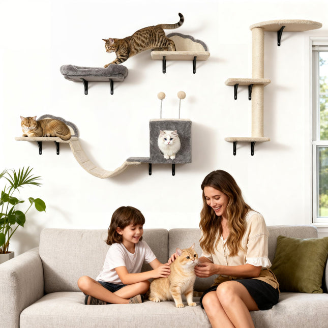 PAWROOM - Seinään kiinnitettävä kissan kiipeilypuusetti, sisal, 4 osaa, beige