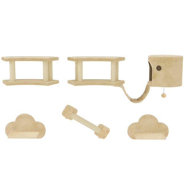 PAWROOM - Kissan kiipeilyseinäsetti, 5 kpl kissan huonekaluja raaputustolppalla, hyppytasot, tikkaat, talo, kissan seinärunko, kissoille 5 kg, pehmo, beige