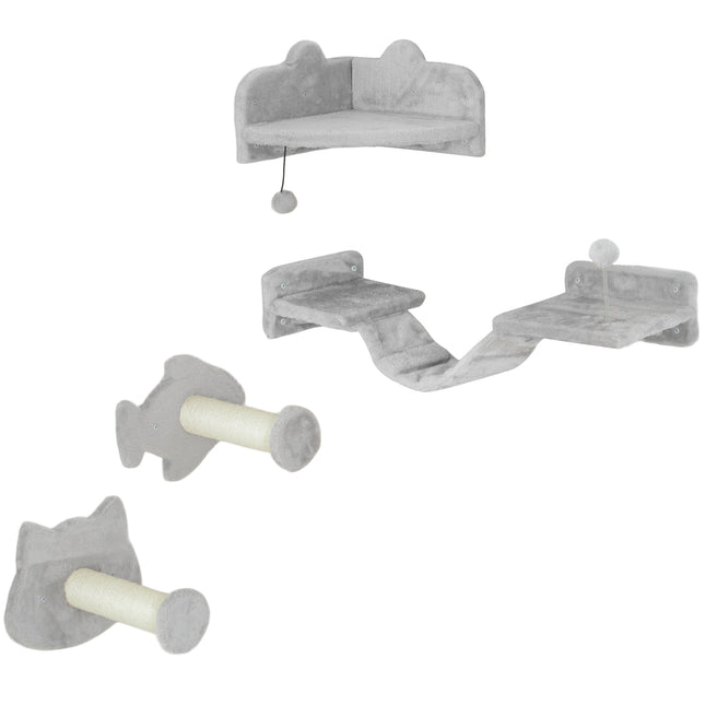 PAWROOM - Kissan kiipeilyseinäsetti, 4-osaiset kissakalusteet portailla, tikkaat, ponnahduslaudat, raapimistolpat, leikkipallo, sisal, kissoille alle 5 kg, vaaleanharmaa