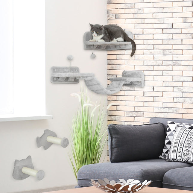 PAWROOM - Kissan kiipeilyseinäsetti, 4-osaiset kissakalusteet portailla, tikkaat, ponnahduslaudat, raapimistolpat, leikkipallo, sisal, kissoille alle 5 kg, vaaleanharmaa