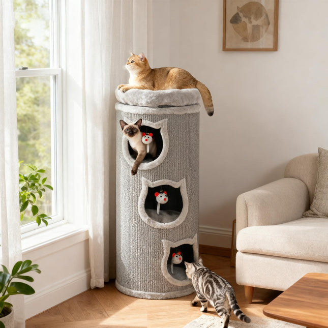 PAWROOM - Kissatorni pestävällä sängyllä, 96 cm, 3 piilopaikkaa, harmaa