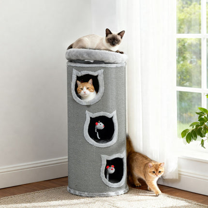 PAWROOM - Cat Tower with Washable Bed, 96 cm, 3 Hideouts, Grey