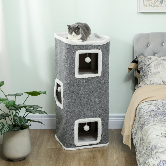PAWROOM - Kissatorni kolmella luolalla, harmaa, lastulevy, leikkipallot