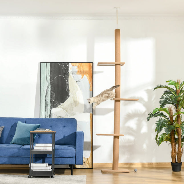 PAWROOM - Korkeussäädettävä Raapimistolppakiipeilypuu Kissoille, Leikkipuu, Vaaleanruskea, 43X27X228-260Cm