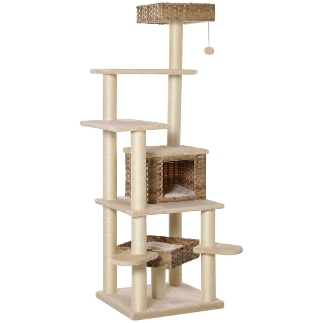 PAWROOM - Rattan -Raapimistolppa Kiipeilypuukissa Kissaluolalla Monikerroksinen Kissapuu E1 Mdf Sisal Beige+Ruskea 55 X 55 X 174 Cm